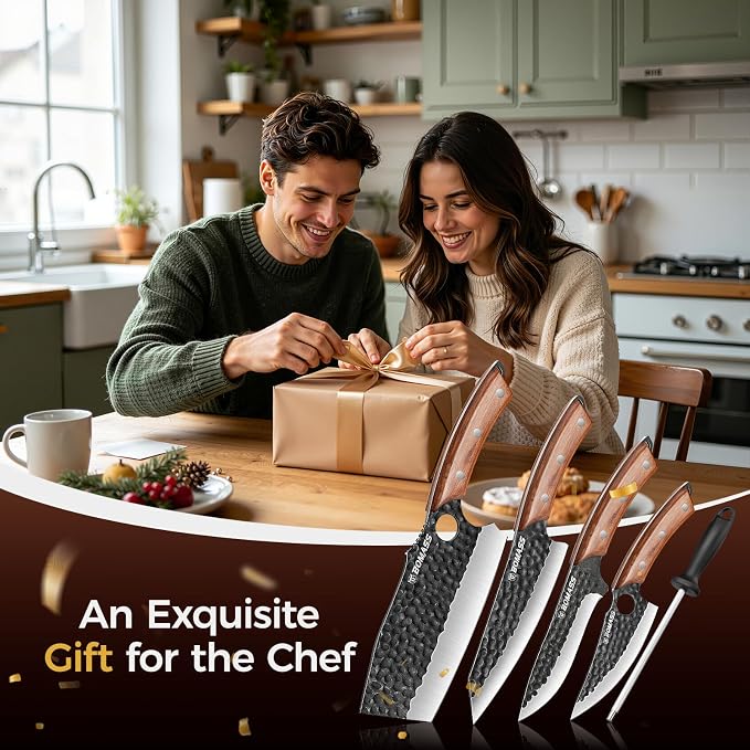 5PCS Butcher Knife Set, Hand Forged Kitchen Chef Knife Set Gift | Meat Cleaver Knife Viking Boning Knife for Home, Outdoor Camping, BBQ, High Carbon Steel Japanese Knives, Gift for Men Father