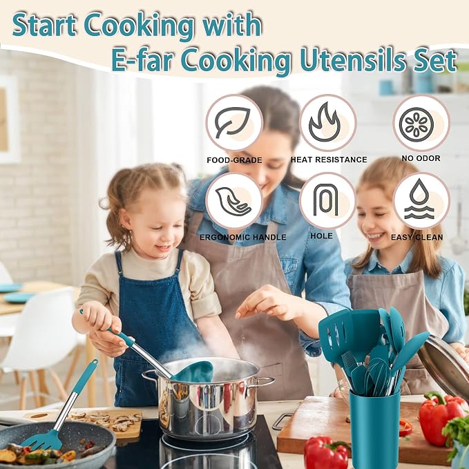 E-far Kitchen Utensils Set, 14-Piece Blue Silicone Cooking Utensils Set | Heat Resistant, Kitchen Tools Spatulas with Stainless Steel Handle, Non-stick Cookware with Holder, Dishwasher safe