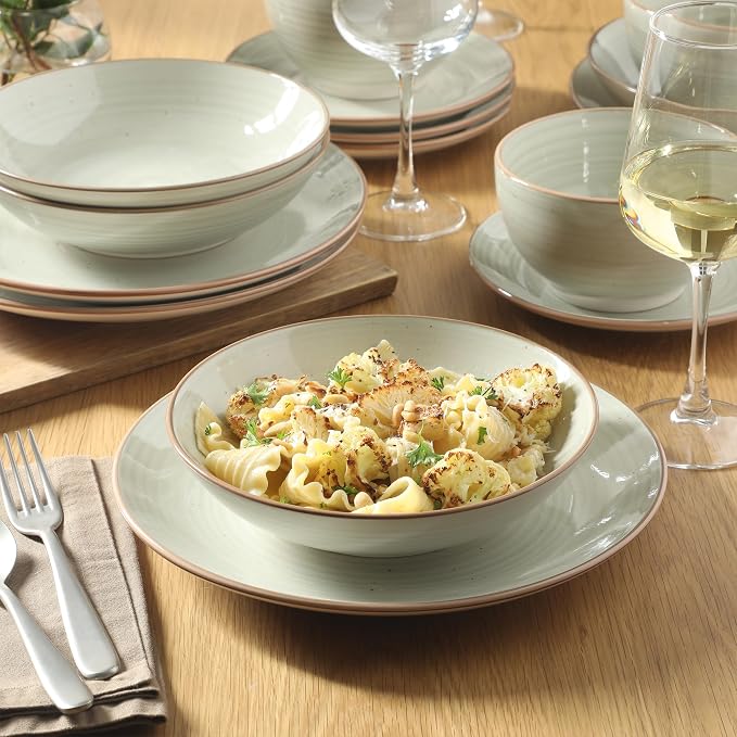 Gibson Home Stonebury 16 Piece Plates and Bowls Cream Grey Dishes - Handpainted Stoneware Dinnerware Set - Service for 4