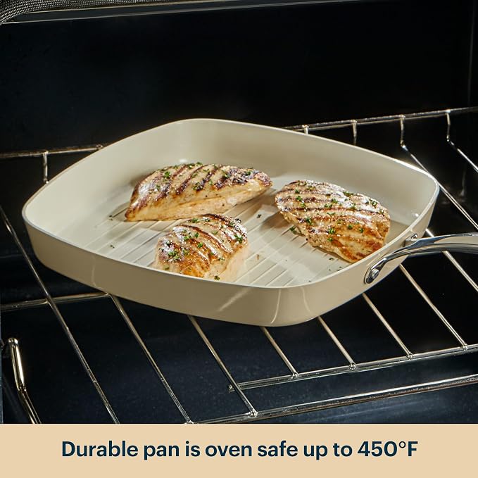Pyrex 11-Inch Grill Pan Ceramic Cookware with Stainless Steel Handles | Healthy nonstick ceramic coating, induction compatible stainless steel, PFAS Lead Cadmium BPA Free