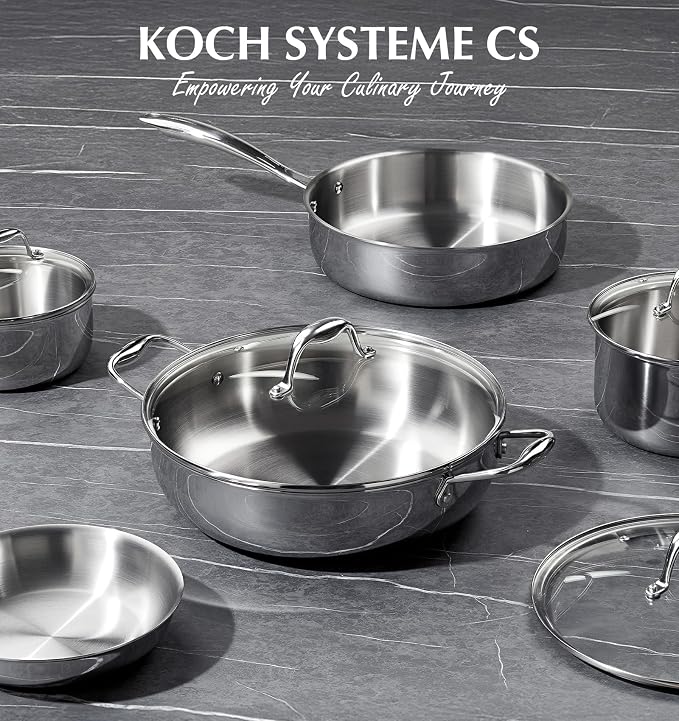 KOCH SYSTEME CS Tri-Ply Stainless Steel Saute Pan with Lid, 12 Inch Deep Frying Pan with Double Handles, 6 Quart 18/10 Stainless Steel Pan, Large Skillet, Induction Compatible, Oven Safe, Non Toxic