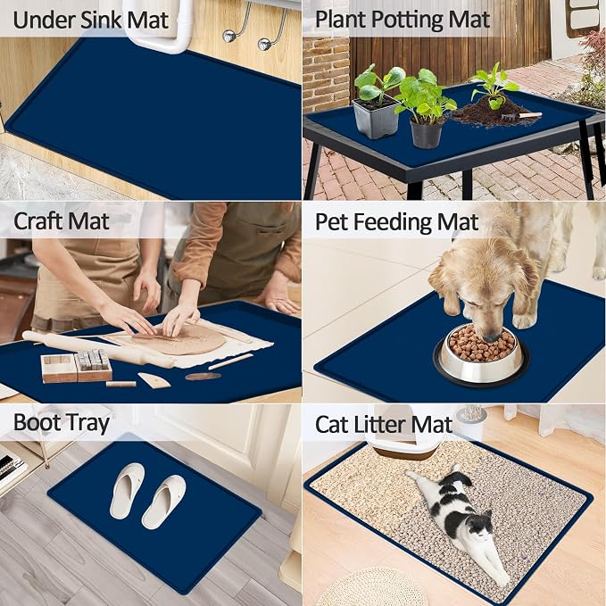 Silicone Coffee Maker Mat with Lip for Countertops, 19.7'' x 15'' Navy Blue | Multi leak-proof coffee tray for countertop, non-slip silicone tray for under coffee machine espresso accessory, wipe-clean