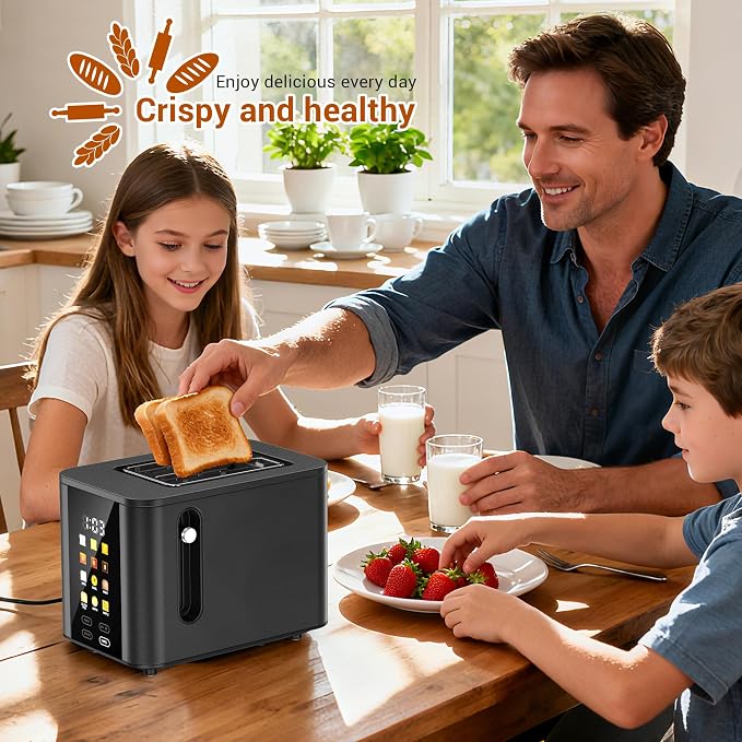 Touch Screen Toaster 2 Slice Black Toaster with Digital Countdown Wide Slot LCD Display 2 Slice Toasters Smart Toasters 6 Shade Settings 6 Bread Type with Reheat/Add Time/Defrost/Cancel Function