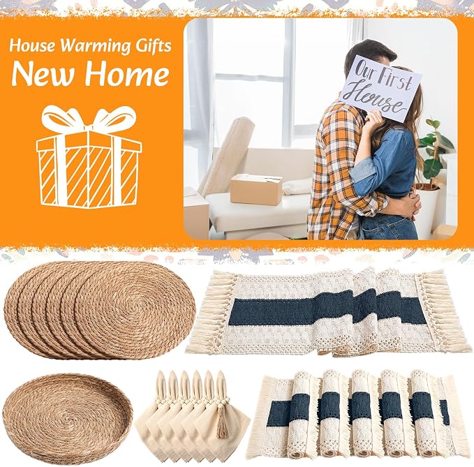 6 Sets Boho Decoration Placemats Round Woven Placemats, Cloth Napkins, Wood Bead Napkin Rings, Long Table Runner and Farmhouse Burlap Cotton for Table Kitchen (Blue,12x72)