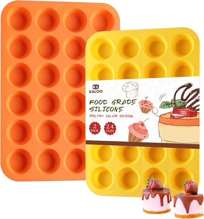 2PCS Silicone Mini Muffin Cupcake Pan, Kaloo Nonstick 24 Cups Silicone Muffin Pans for Baking, Great for Muffin, Cakes, Tart, Bread, Dishwasher Safe (Stylish Orange + Yellow, 24 Cups Each)