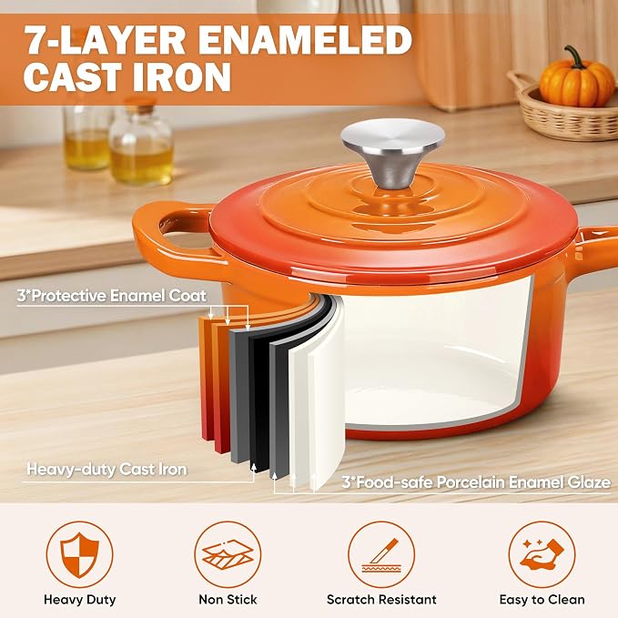 Homikit Small Cast Iron Pot, 2 QT Enameled Cast Iron Sauce Pan with Lid, Heavy Duty Enamel Dutch Oven Kitchen Cookware for Making Pasta, Boiling Soup, Warming Milk, Nonstick & Oven Safe, Flame Orange