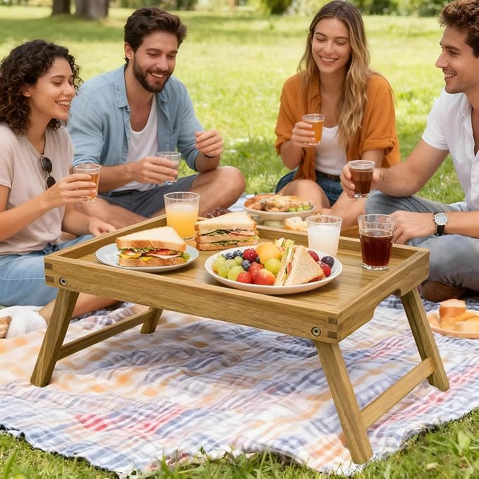 VaeFae Acacia Bed Table Tray, Wooden Breakfast Tray with Folding Legs, Bed Tray for Eating and Laptop, Eating Trays for Bedroom (Large Size)
