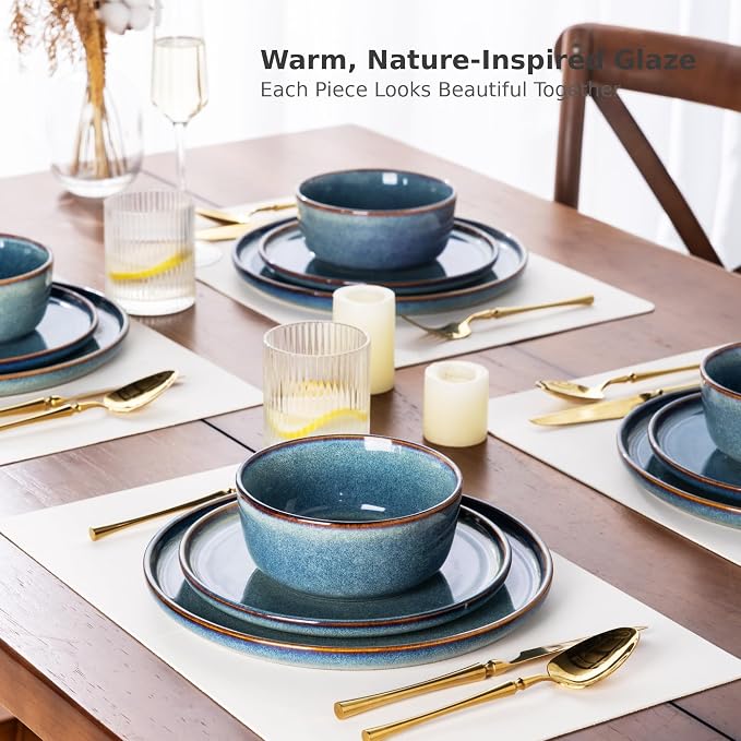 AmorArc Stoneware Dinnerware Sets for 4, 12Pcs Plates and Bowls Sets Dishes | Ceramic Round Reactive Glaze Dishes Set, Highly Scratch Resistant | Dishwasher & Microwave Safe Dishware