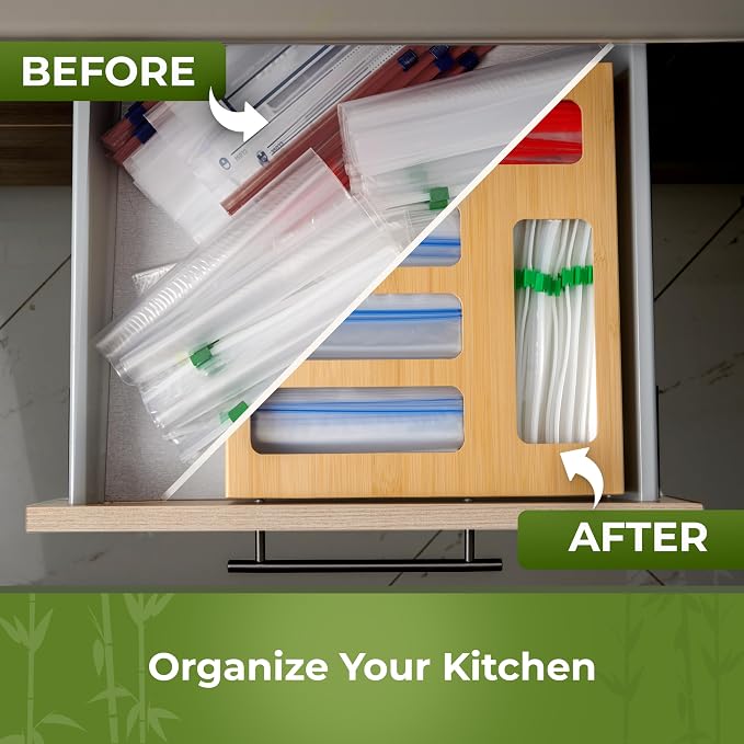 Kitchen Drawer Organizer, 9" 1 Sandwich Storage Bag Organizer & Foil Wrap | Bamboo Storage, Fits Gallon, Quart & Snack Sizes – Wall Mountable, Please Measure Before Ordering