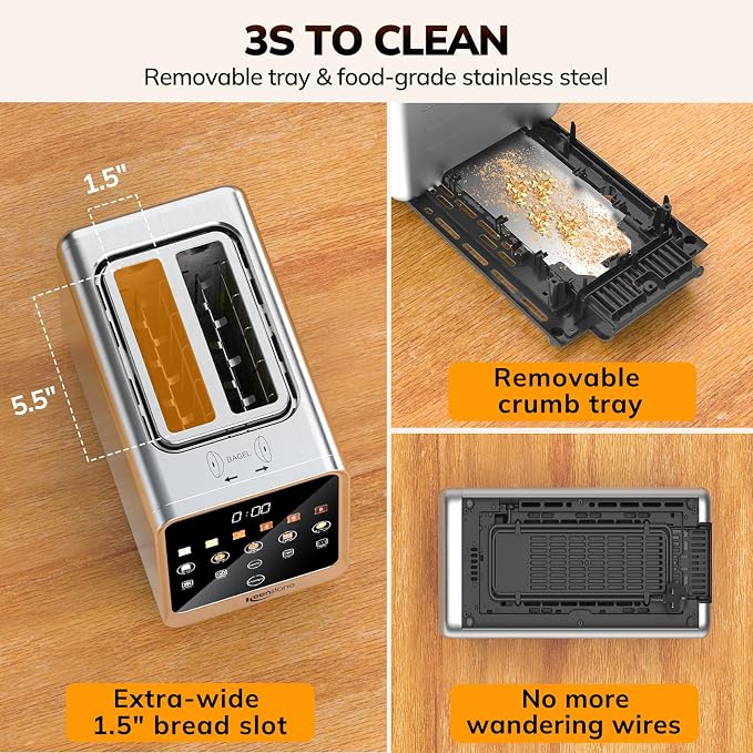 Keenstone Toaster 2 Slice, Digital Smart Toaster with TouchScreen | Dual Control Panel, Single Slot Toasting, Timer, Reheat & Defrost for Bagels, Bread, Waffles, Stainless Steel
