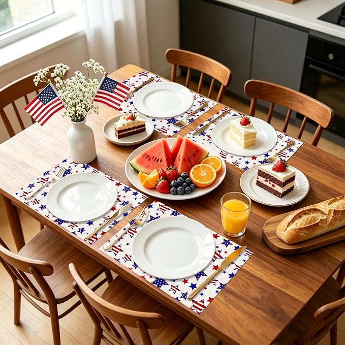 50 Pack Patriotic Disposable Paper Placemats, Star and Stripes Table Mats | 11x16 Inch Heavy-Duty Table Mats,4th of July, Memorial Day, BBQ & Family Dinner