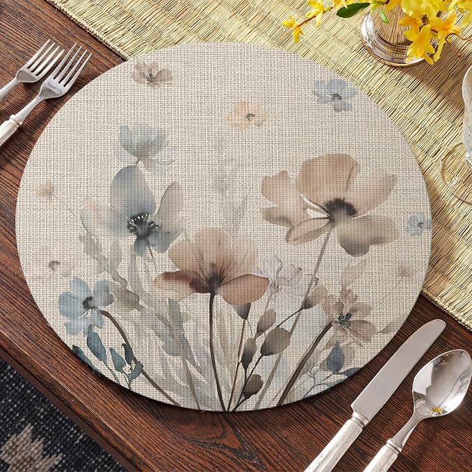Artoid Mode Brown Poppy Floral Round Placemats Set of 4, 14 Inch Washable Non-Slip Plastic Woven Plastic PVC Place Mats for Farmhouse Party Dining Decor