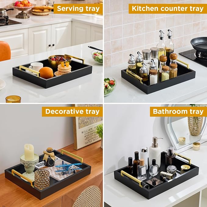16"x12" Serving Trays with Handles, Black Decorative Serving Tray, Ottoman Trays for, Living Room, Bathroom, and Outdoors Decorative Trays (Black)