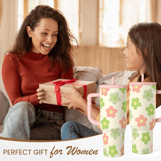SANDJEST Daisy Tumbler with Handle 40oz, Floral Cup Stainless Steel Insulated Tumblers Coffee Travel Mug with Straw, Flower Cups Gifts for Women Girls Teens Birthday Christmas