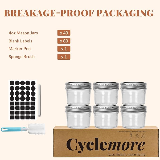 CycleMore 4oz Mason Jar, 40 Pack Clear Glass Jars with Silver Split Lids | Airtight, BPA-free, Bulk Value, WasherSafe, Clear Glass jars with Lids, Perfect for Honey, Jam, Gifts, Decor and Favors.