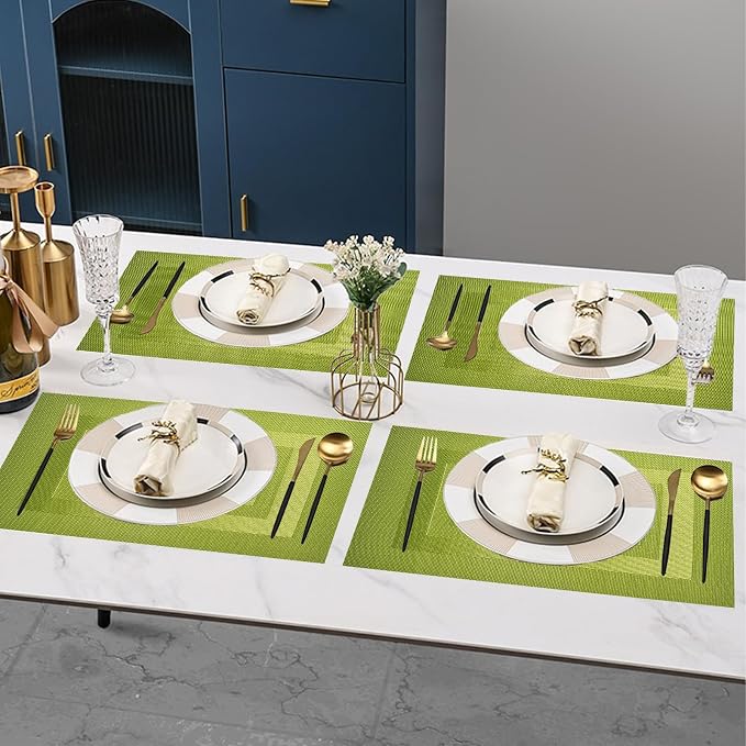 PIGCHCY Placemats Washable Vinyl Woven Table Mats,Elegant Durable Placemats for Dining Table Set of 4 (18 x 12 inches, Lime Green)