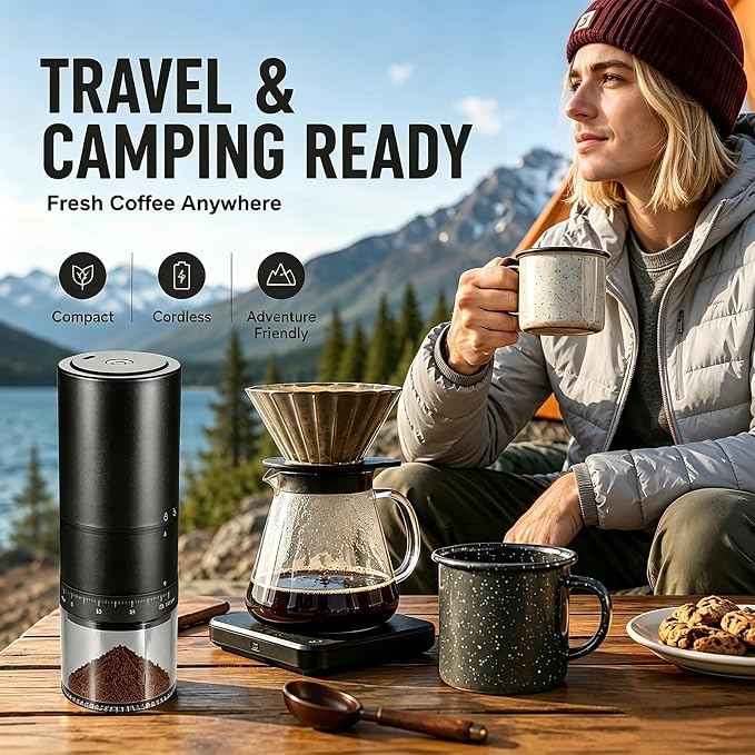 Portable Electric Burr Coffee Grinder, Rechargeable Espresso Grinder | Stainless Steel Coffee Bean Mill and Conical Mill 38 Adjustable Settings One-Button Operation for Travel Camping Office Home