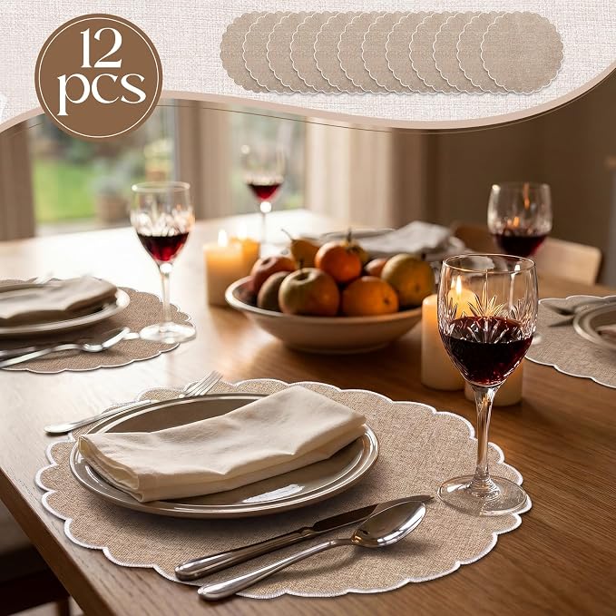 Set of 12 Linen Boho Cotton Placemats 15" Round Scalloped White | Double Layered Cotton Fabric, Washable Embroidery, White Edge Edge, Rustic Table Mats for Wedding Dining Table Decor