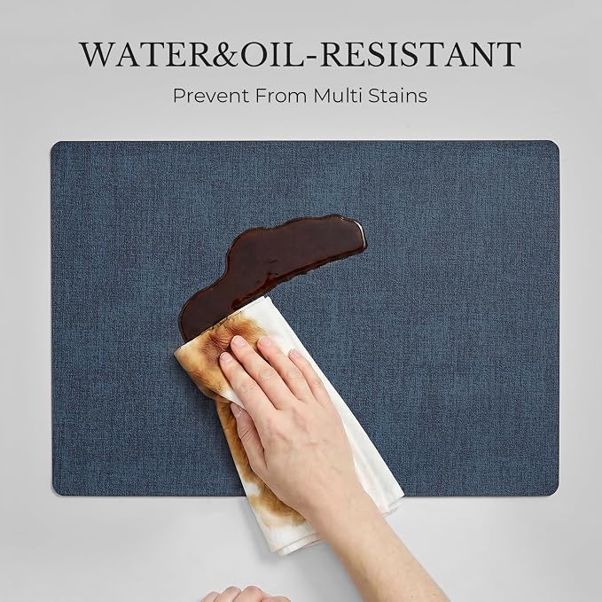 Romanstile Vinyl Placemats Set of 4, Reversible Faux Leather Heat Resistant Wipeable Table Mats, Waterproof Washable Non-Slip Table Placemats for Dining/Kitchen/Outdoor (Grey Nave Blue, 12" x 17")