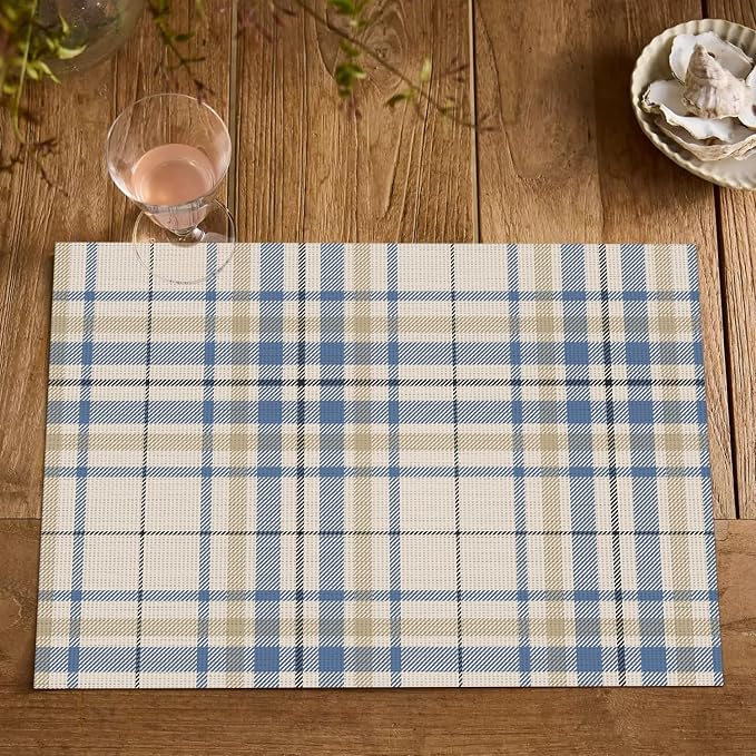 Artoid Mode Stripe Plaid Vinyl Placemats Set of 4, 12x18 Inch Washable Non-Slip Heat Resistant Plastic Place Mats for Party Dining Table, Brown/Blue