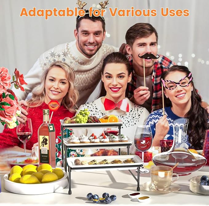 3 Tier Serving Tray for Party, 15" Steel Stand, Tiered Platter, Black | Steel frame, sturdy & stable. For cookies, veggie, dessert & fruit. Ideal for parties, weddings, BBQ & events.