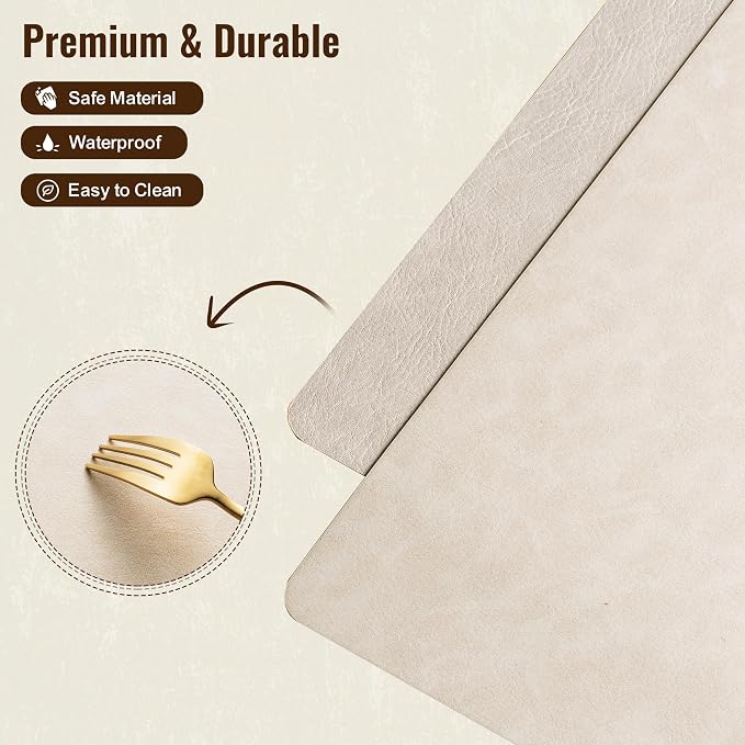 Placemats Set of 4, DOLOPL Reversible Dual-Color Faux Leather Place Mats 17"x11.8"– Waterproof, Heat Resistant, Washable & Wipeable, Luxury Retro Style for Kitchen, Dining Table (Beige & Light Grey)