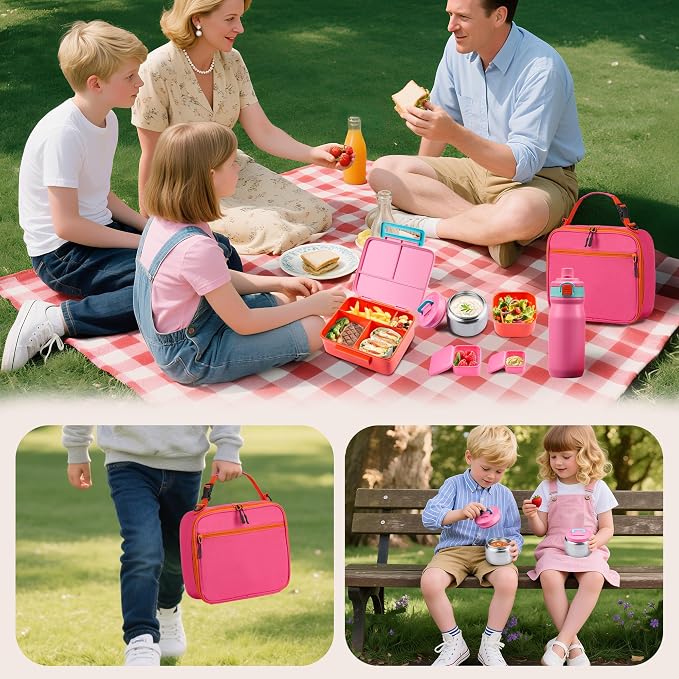 Bento Lunch Box for Kids with Thermo, Leakproof Bento Box with 8oz Insulated Food Jar, Insulated Bottle, Lunch Bag, BPA Free Dishwasher Safe 4 Compartment Container for School Girls Boys (Pink)