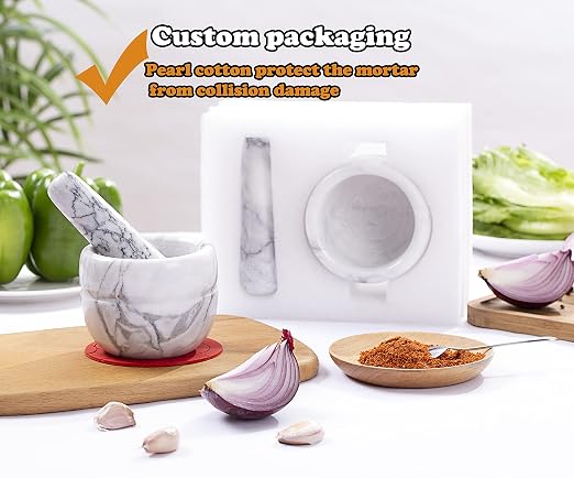 Mortar and Pestle Set Polished Natural Marble Stone Guacamole Molcajete Bowl with Silicone Pad, Stainless Spoon and Small Brush (Small, Light White Gray)