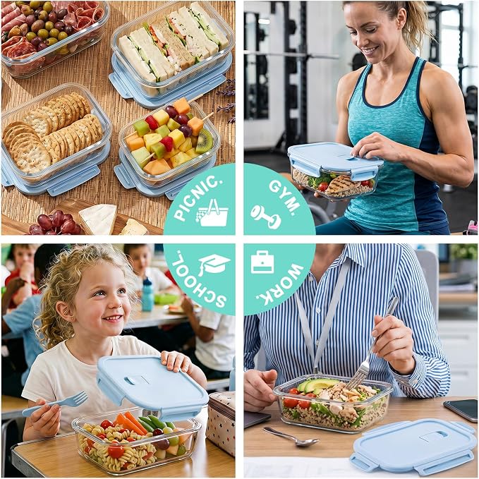 8 Pack Glass Food Storage Containers with Lids(LightBlue) | Meal Prep Containers with Snap Locking Lids, Airtight Lunch Containers for Microwave, Oven, Freezer and Dishwasher, BPA Free