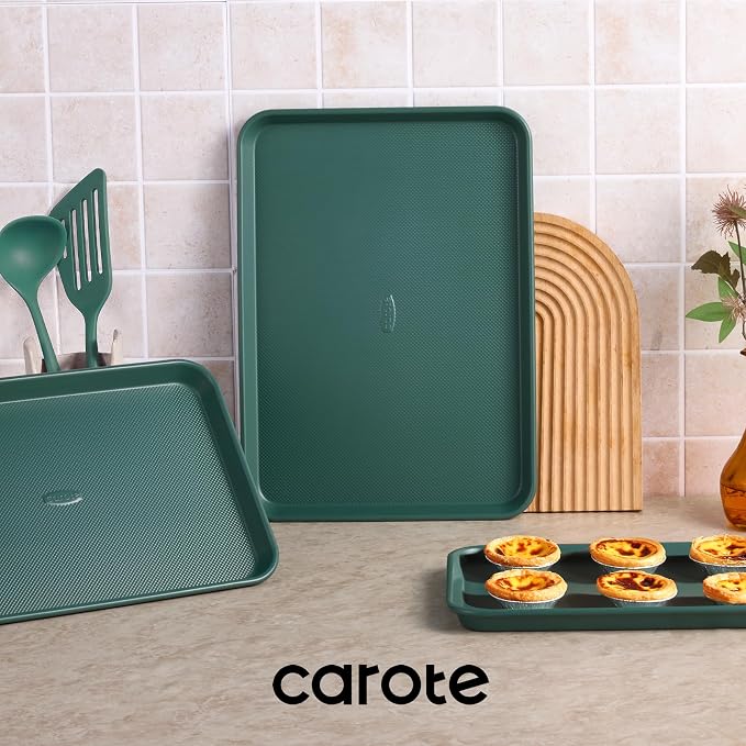CAROTE 3-Piece Baking Sheet, Nonstick Cookie Sheets, Olive Green | 13, 15 & 17-Inch, Carbon Steel Baking Pans Set, Easy-Release, Oven Safe Up to 446°F, Even Heating, PFAS-Free, Space-Saving
