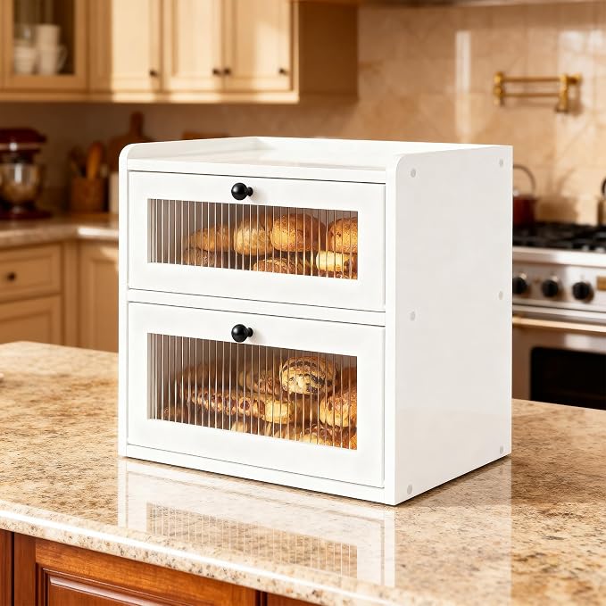 Alpeir Wooden Bread Box for Kitchen Countertop, Large Double Layer, White | Food-Safe Pine Wood, Double-Row Ventilation, Strong Acrylic Window, Raised Top Shelf, Easy Care, Farmhouse Corner Container