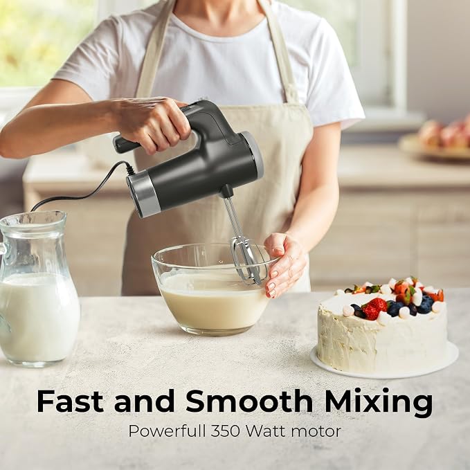 Electric Hand Mixer 350W, 9 Speed Handheld Mixer with Timer, Beaters, Whisks & Dough Hooks, Storage Case, Kitchen Mixer for Baking, Eggs, Cream, Cookie Dough & Frosting, Gray
