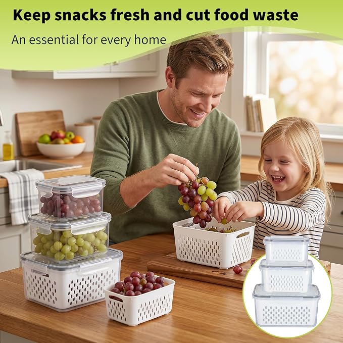 Fruit Storage Containers for Fridge, Grape Organizers with Removable Colander, 3-Pack No-Leak Design, Durable and Easy to Clean, Keeps Grapes Fresh, Perfect for Fridge Storage and Organization