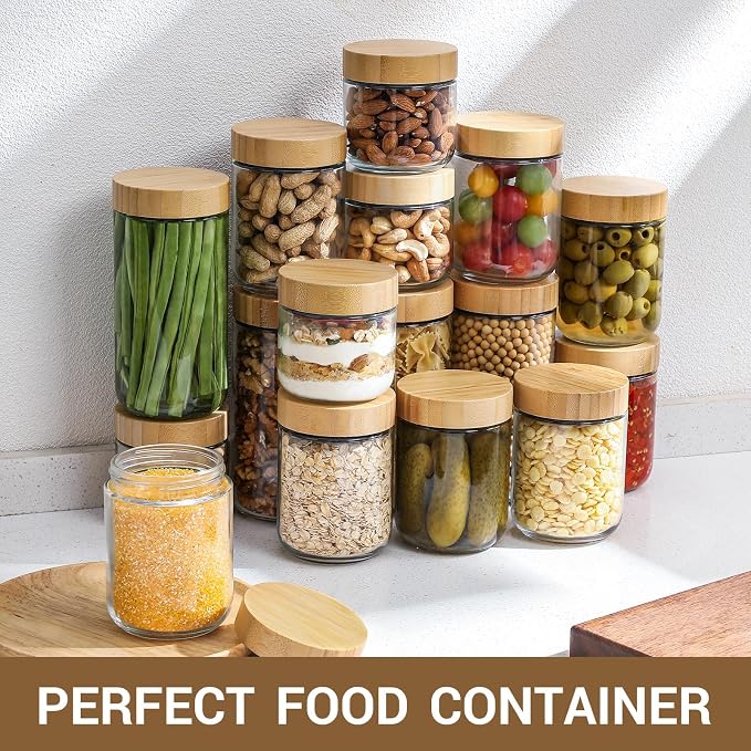 NETANY 6-pack 16oz Glass jars with Airtight Lids, Overnight Oats Containers with Bamboo Lids, Wide mouth Mason Salad jars, Glass Food Storage Containers for Snacks Yogurt Spice Sugar