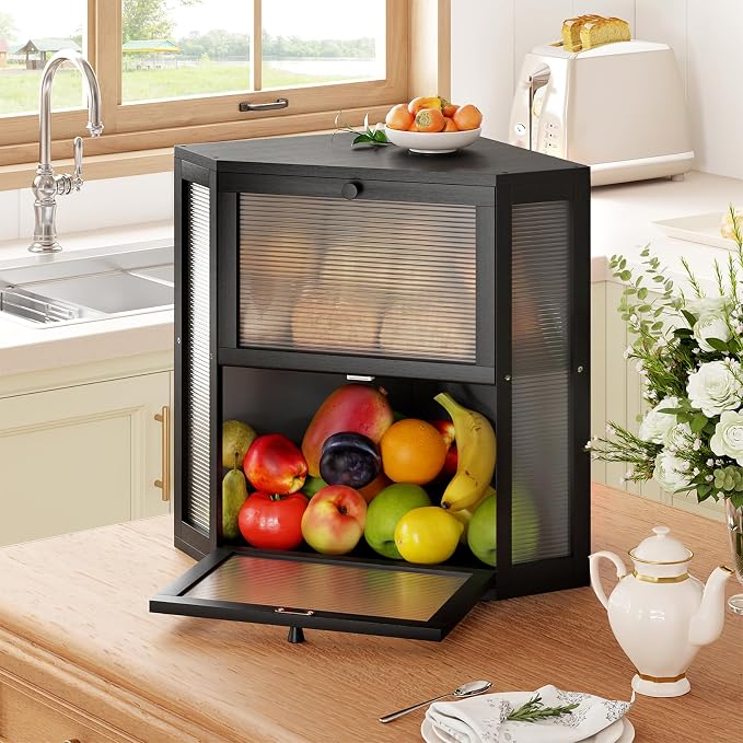 WOWLIVE Double Layer Corner Bread Box for Kitchen Countertop with 2 Doors | Bamboo Bread Storage Container, Large Farmhouse Breadbox with Acrylic Wavy Door, Under Cabinet Organizer, Black, Extra Large