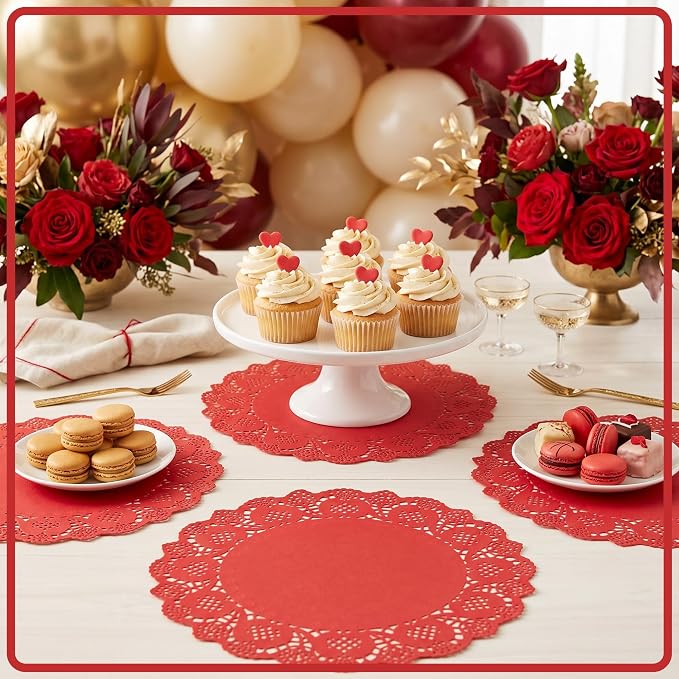 100 Pack 13.5 Inch Round Red Paper Doilies, Disposable Lace Placemat | Rustic Scallop Doily Table Pads, Heavy-Duty Paper Place Mats for Cakes, Crafts, Parties, Weddings, Buffet, Home Decor