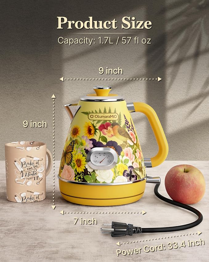 Olumaramio 1.7L Retro Electric Kettle with Thermometer, Floral Design | 304 Stainless Steel, 1500W Fast Boiling, Auto Shut-Off, Boil-Dry Protection, BPA-Free
