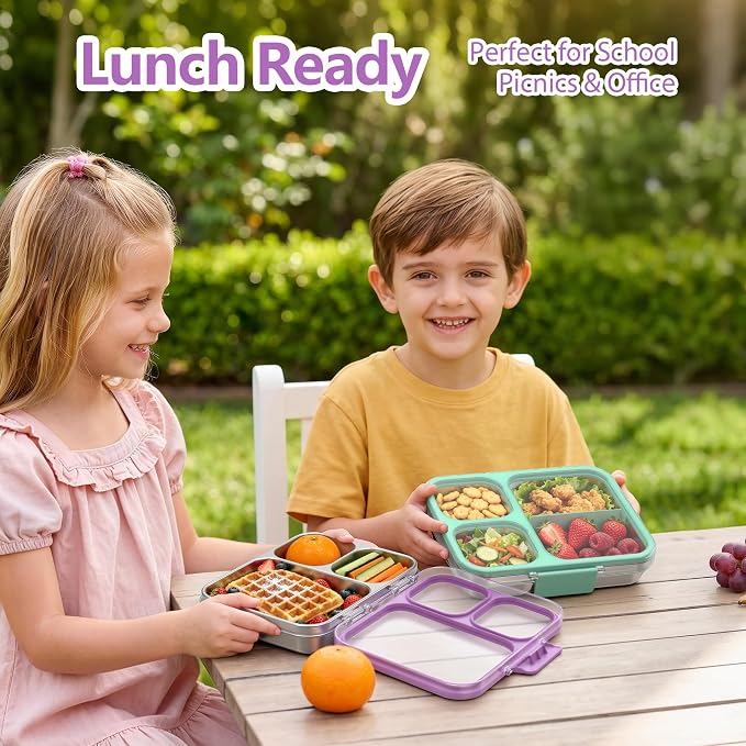 HOMEKOL Stainless Steel Bento Lunch Box 3-Compartment, 4.2Cups, Purple | Leak-Proof Metal Lunch Container for Kids & Adults, BPA-Free, Dishwasher Safe, Clear Tritan Lid, 1000ml (Not Insulated)