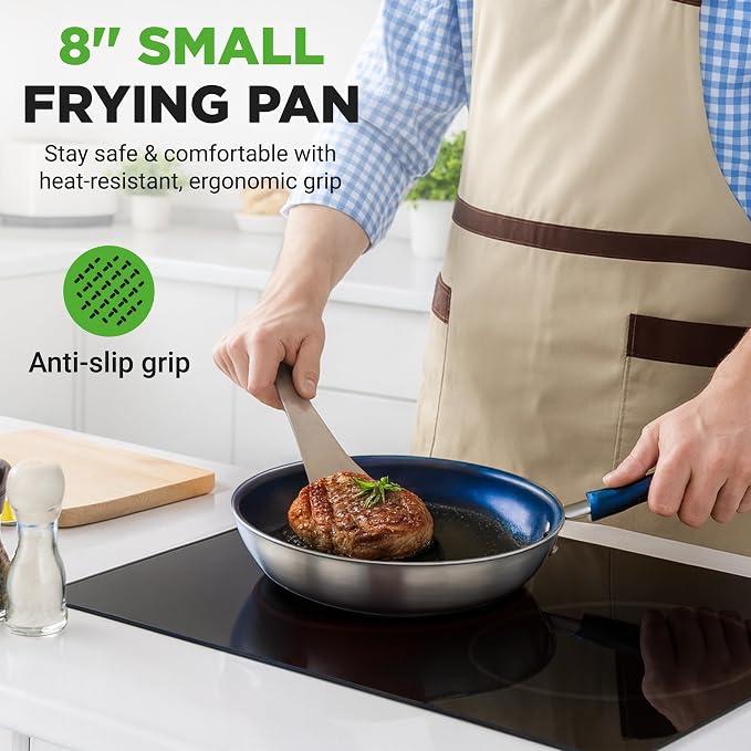 NutriChef 8" Fry Pan With Lid - Small Skillet Nonstick Frying Pan With Lid, Silicone Handle, Ceramic Coating, Blue Silicone Handle, Stain-Resistant And Easy To Clean, Professional Home Cookware