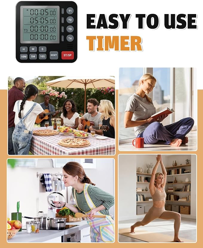 TPNEG Digital Kitchen Timer - 4-Channel Cooking Timer with Alarm, Magnetic Back, Loud & Silent Modes, Count Up/Down, Ideal for ovens, Seniors, Kids and classrooms, Replaceable AAA Battery