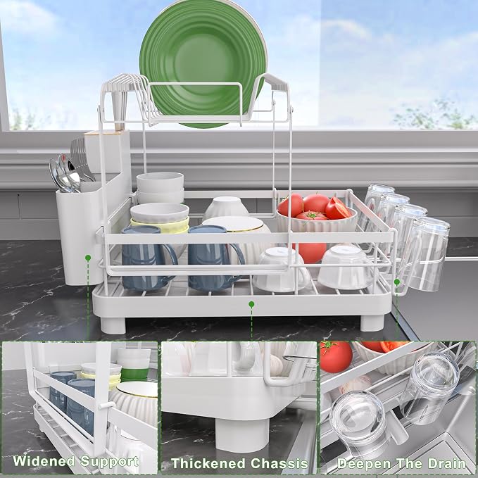Runnatal 2-Tier Dish Drying Rack with Drainboard for Kitchen Counter | Large Dish Rack Anti-Rust Dish Drainers with Utensil Holder, Extra Cup Holder, White