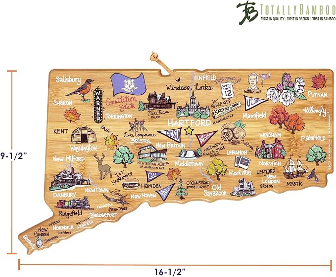 Totally Bamboo Connecticut State Shaped Cutting Board, Art by Fish Kiss | State charcuterie board with colorful hand-drawn map artwork. Smooth reverse side for food prep. Hang tie for wall display.