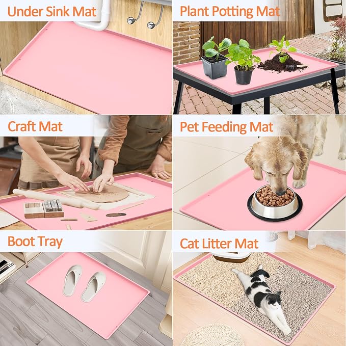 Silicone Coffee Maker Mat with Lip for Countertops, 19.7'' x 15'', Pink | Multi leak-proof coffee tray for countertop, non-slip silicone tray for under coffee machine espresso accessory, wipe-clean