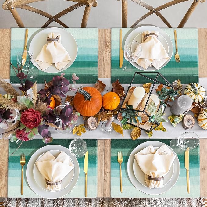 Emvency Farmhouse Placemats Set of 4, 12x18 Inch, Abstract Teal Striped | Modern Green Art Painting Table Mats for Outdoor Home Party Kitchen Dining Decoration