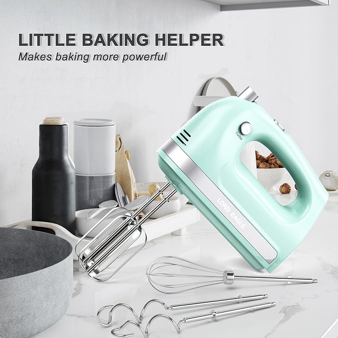 Lord Eagle Hand Mixer Electric Handheld 400W,5-Speed Lightweight, Green | Kitchen Mixer with Storage Case, 5 Stainless Steel Attachments for Baking Cake Egg Cream Food Beater, Turbo+Eject Button