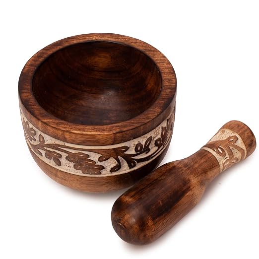 Handmade Wooden Mortar & Pestle Set, Herb Spice Garlic Masala Grinder Bowl | Rustic manual kharal crusher for ginger, peppercorns, seasonings, pesto, guacamole, pill crusher, easy to clean, kitchen prep