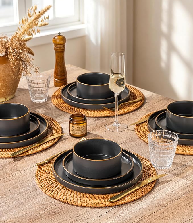LERATIO Stoneware Dinnerware Sets for 4,12-Piece Matte Plates and Bowls Set | Handmade High Edge Rim Dish Set,Oven & Microwave,Dishwasher Safe,Scratch Resistant-Ashen Gold Rim
