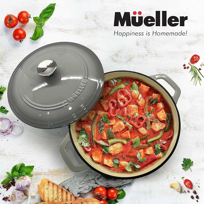 MUELLER HOME 4.5 QT Enameled Cast Iron Dutch Oven, Heavy-Duty Casserole Dish and Braiser Pan with Lid and Stainless Knob, Oven-Safe up to 500° F & Across All Cooktops, Grey | Heavy-Duty Casserole Dish and Braiser Pan, With Lid and Stainless Knob, Oven-...
