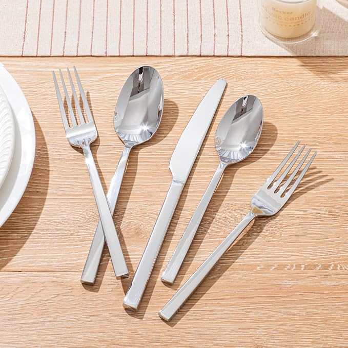 Silverware Set for 8, 40 Piece Flatware Set, Stainless Steel | Square Handles, Mirror Polished, Dishwasher Safe, Sturdy, for Home Kitchen, Weddings, Parties & Housewarming