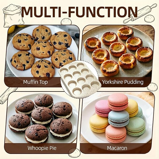 Muffin Top Pan, 12 Cavity Cupcake Pan, 3 Inch Nonstick Bakeware for Eggs, Cornbread, Cookies, Whoopie Pies and Yorkshire Pudding, Set of 2